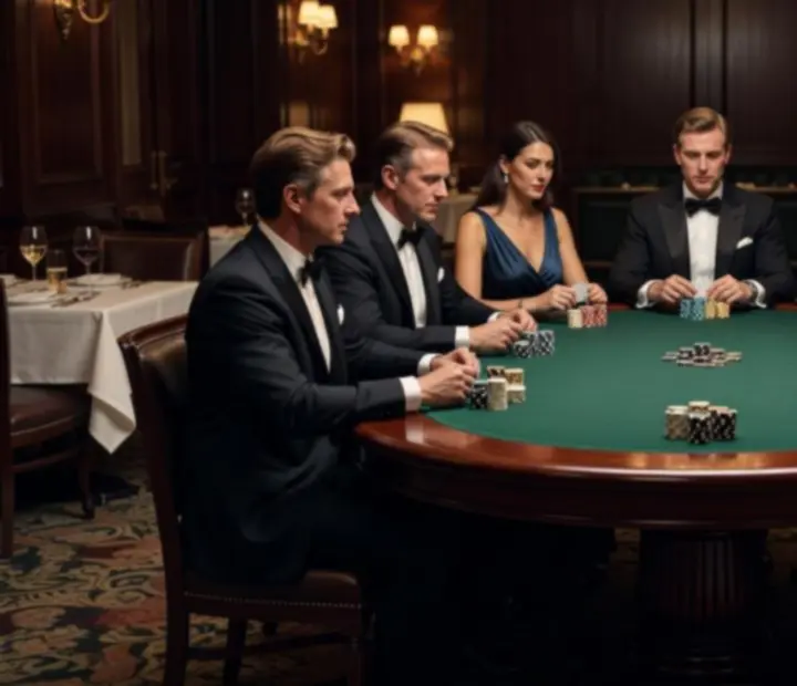 Ambiance élégante et intimiste avec lumière tamisée et table de poker intégrée dans un restaurant gastronomique.