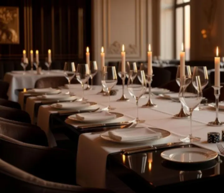 Table de restaurant &eacute;clair&eacute;e &agrave; la bougie avec cartes et jetons de poker fictifs