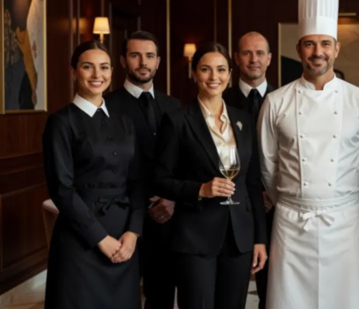 Équipe de service gastronomique accueillant les clients
