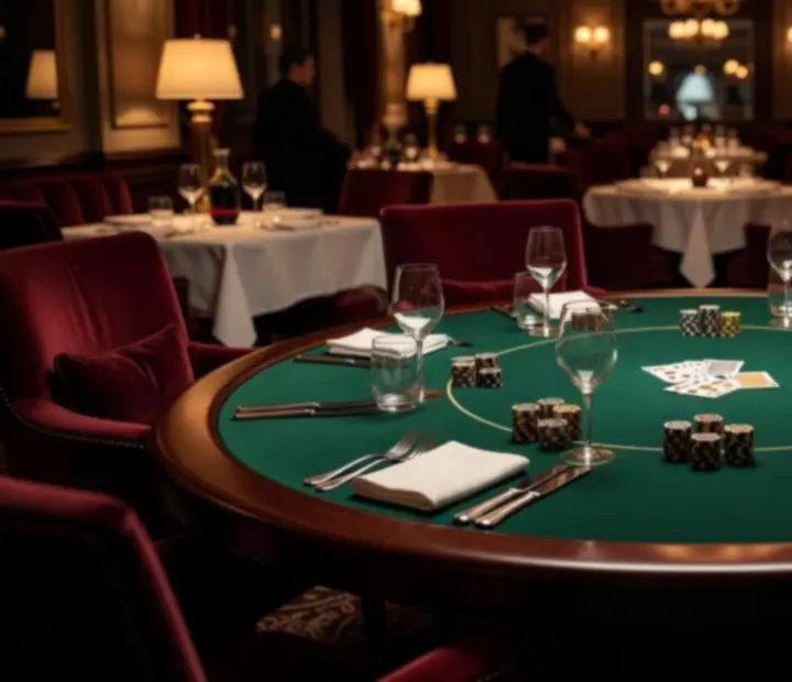 Table de poker élégante dans une salle de restaurant gastronomique à la lumière tamisée