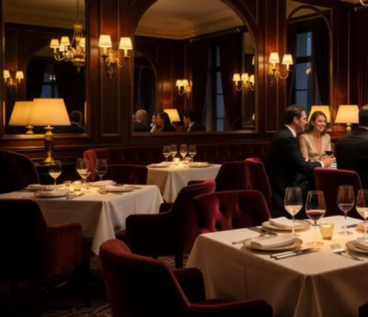 Table de restaurant gastronomique aux lumières tamisées avec table de poker en arri\\u00e8re-plan