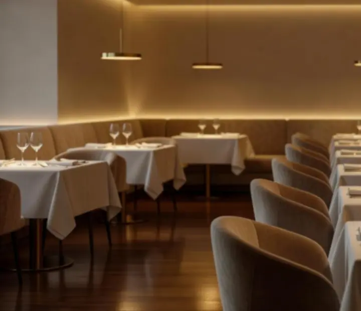Salle de restaurant haut de gamme à l'ambiance feutrée et lumineuse