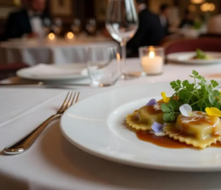 Plat principal de ravioles gastronomiques dans une assiette &eacute;l&eacute;gante