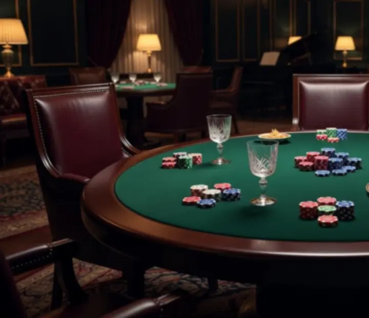 Table de poker VIP avec jetons fictifs dans un salon privé élégant