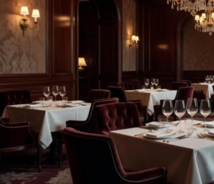 Salle de restaurant haut de gamme avec tables dressées et lumière tamisée