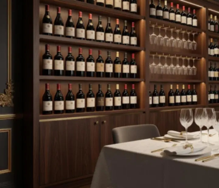 Table de restaurant gastronomique avec verres de vin et lumière tamisée
